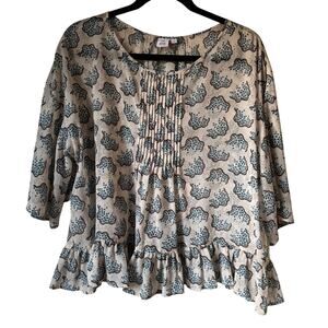 Uniqlo Anna Sui Pintuck Boho Floral Top Beige Crew Neck Ruffled 3/4 Sleeve Sz M
